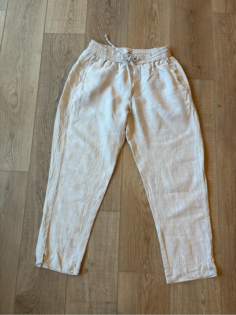 Lanhtropy Linen Pull On Barrel leg pants Beige Large Minimalist Pockets